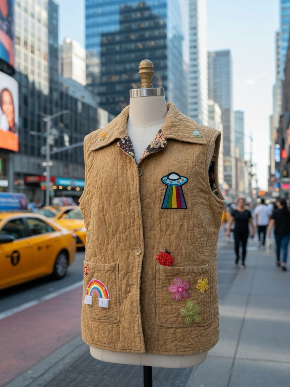 April Cornell Brown Floral Lined Vest with Cream Corduroy Trim
